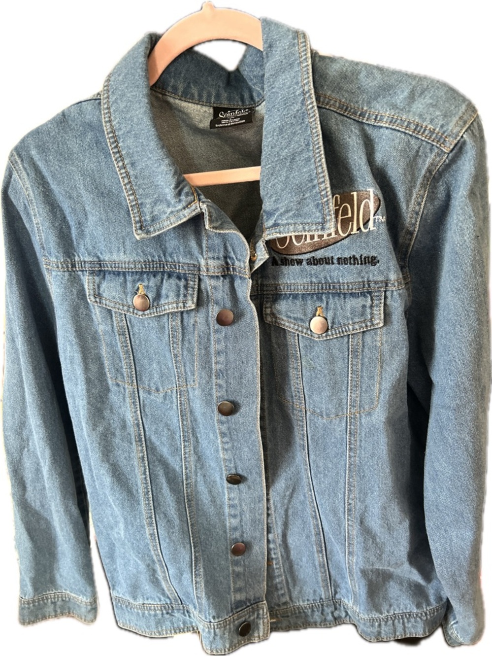 Vintage Seinfeld Denim Jacket with Embroidered Logo Light Blue size Large PTP 22